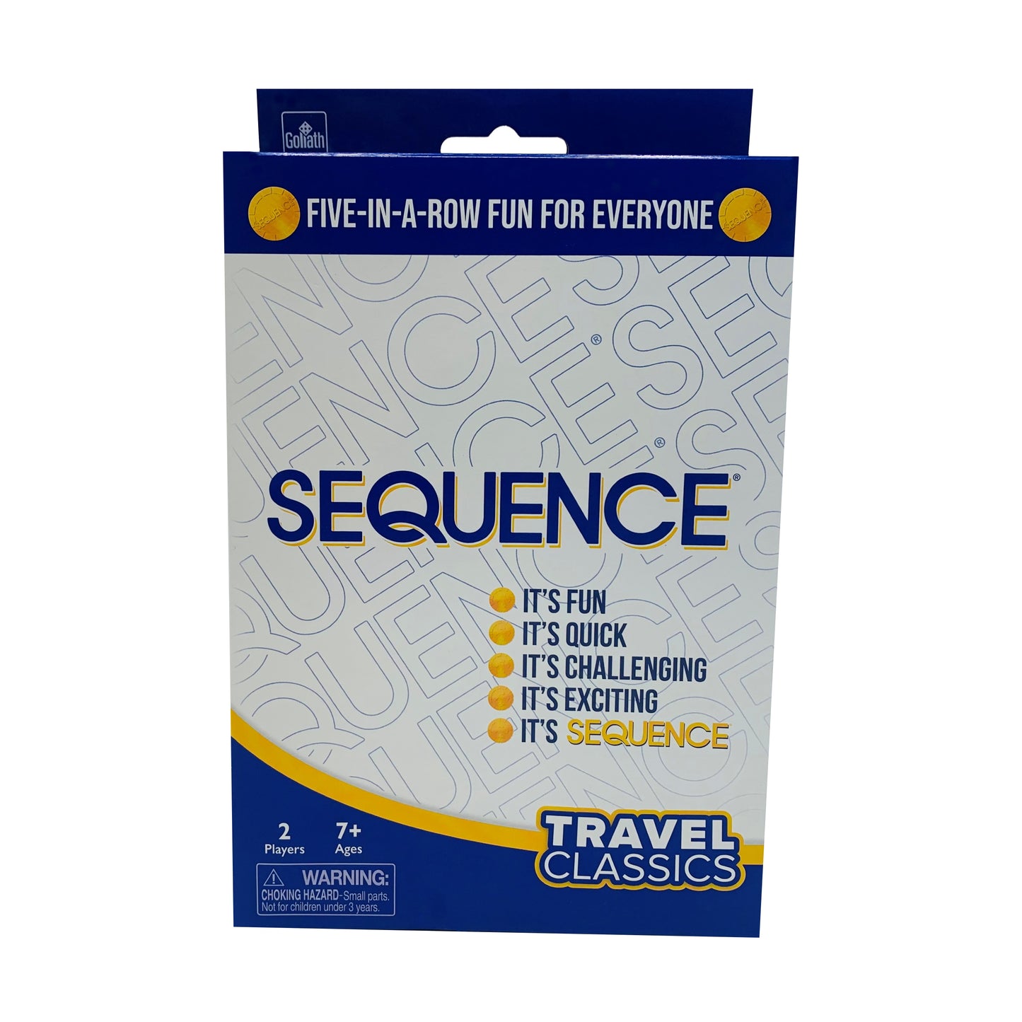 Sequence Travel Classics strategy game package with blue and yellow design, five-in-a-row gameplay