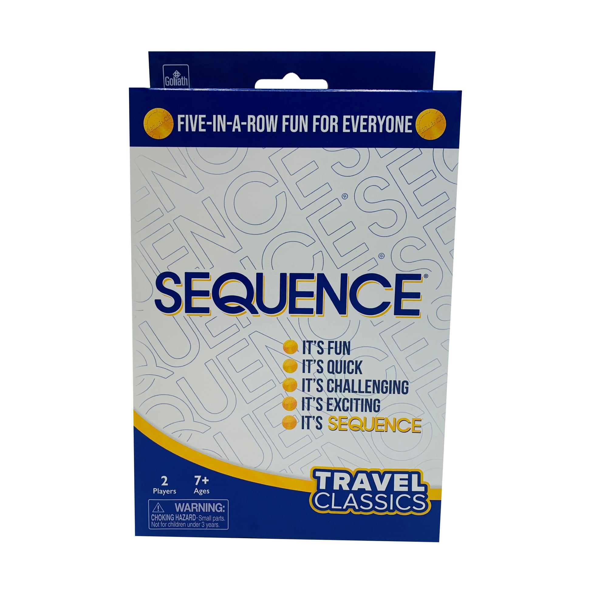 Sequence Travel Classics strategy game package with blue and yellow design, five-in-a-row gameplay