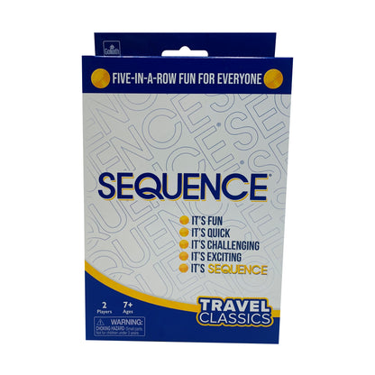Sequence Travel Classics strategy game package with blue and yellow design, five-in-a-row gameplay