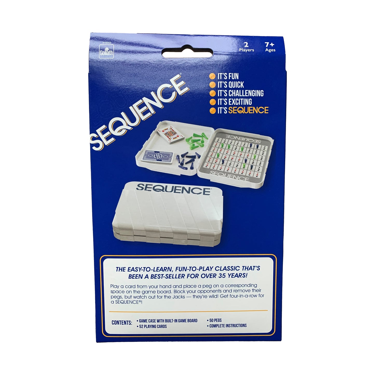 Sequence Travel Edition Strategy Game box showing game board, cards, and pegs for 2 players ages 7+