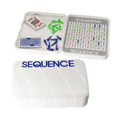 Sequence Travel Edition Strategy Game with game board, cards, and colored game pieces