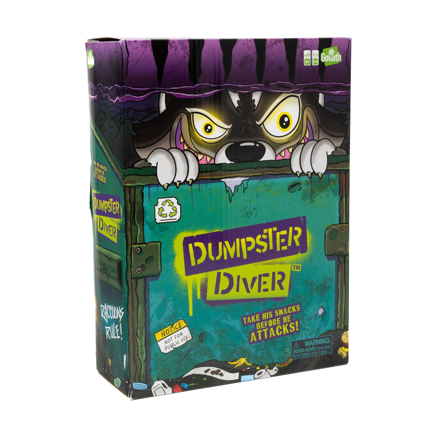 Goliath Dumpster Diver game box featuring a sneaky raccoon with yellow eyes peeking out of a green dumpster