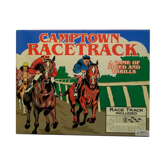 Camptown Racetrack board game box showing illustrated jockeys racing horses with text 'A Game of Speed and Thrills' and race track included