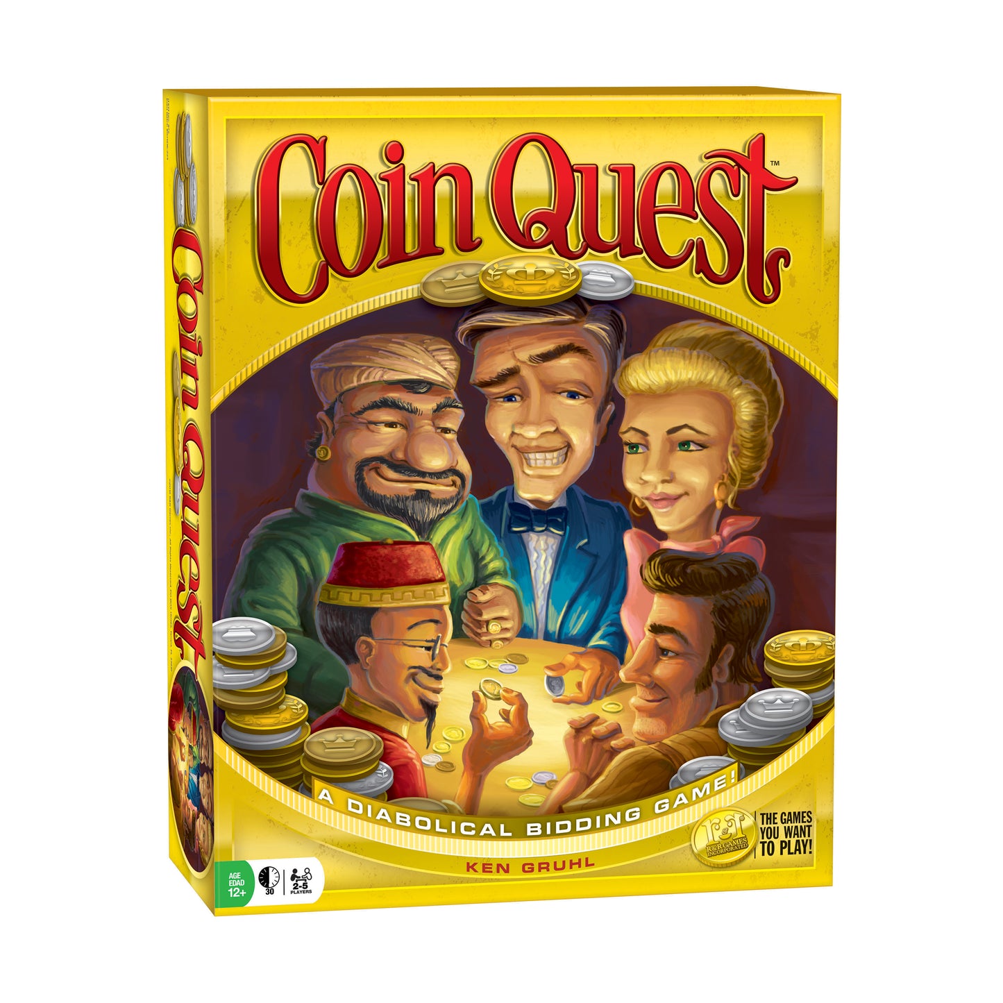 Coin Quest board game box featuring illustrated characters around a table with gold and silver coins, designed by Ken Gruhl