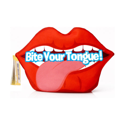 Bite Your Tongue! game box shaped like a large red mouth with white teeth and pink tongue