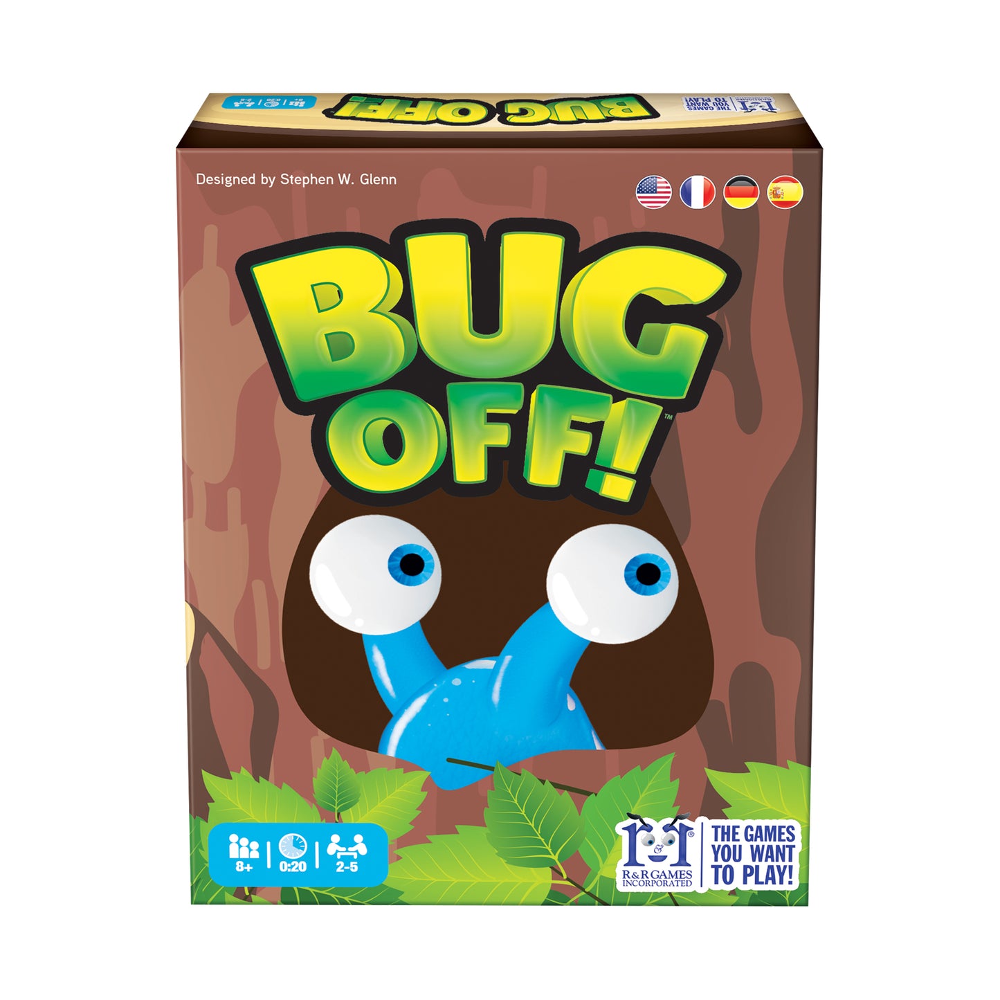 Bug Off! board game box featuring yellow-green gradient title text and brown cartoon bug character with large blue eyes and antenna