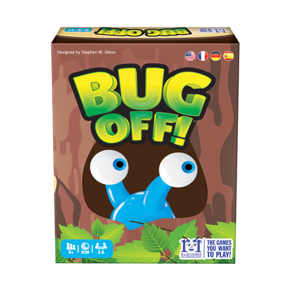 Bug Off! board game box featuring yellow-green gradient title text and brown cartoon bug character with large blue eyes and antenna