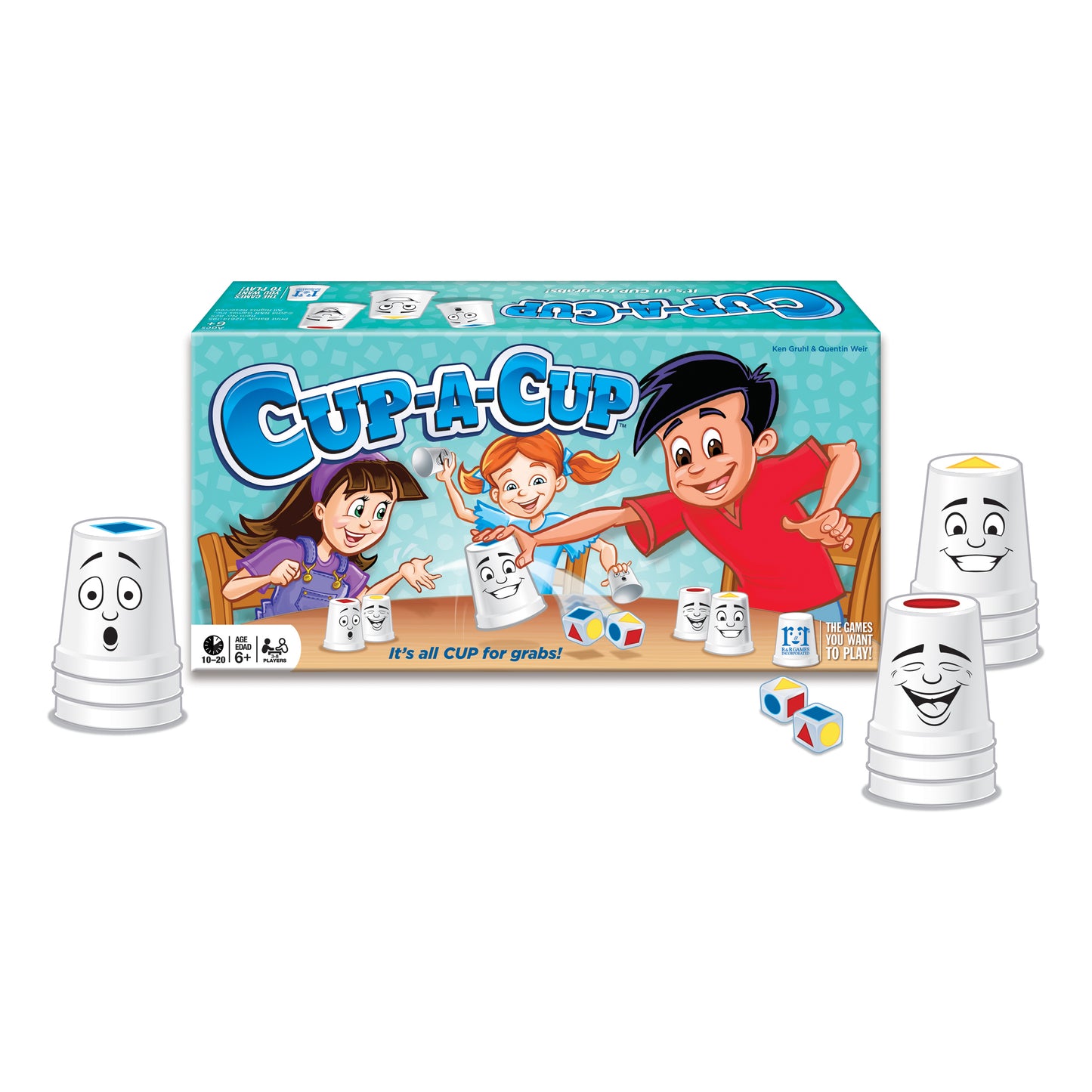 Cup-A-Cup colorful shape-snatching game with white cups, dice, and smiling cup characters