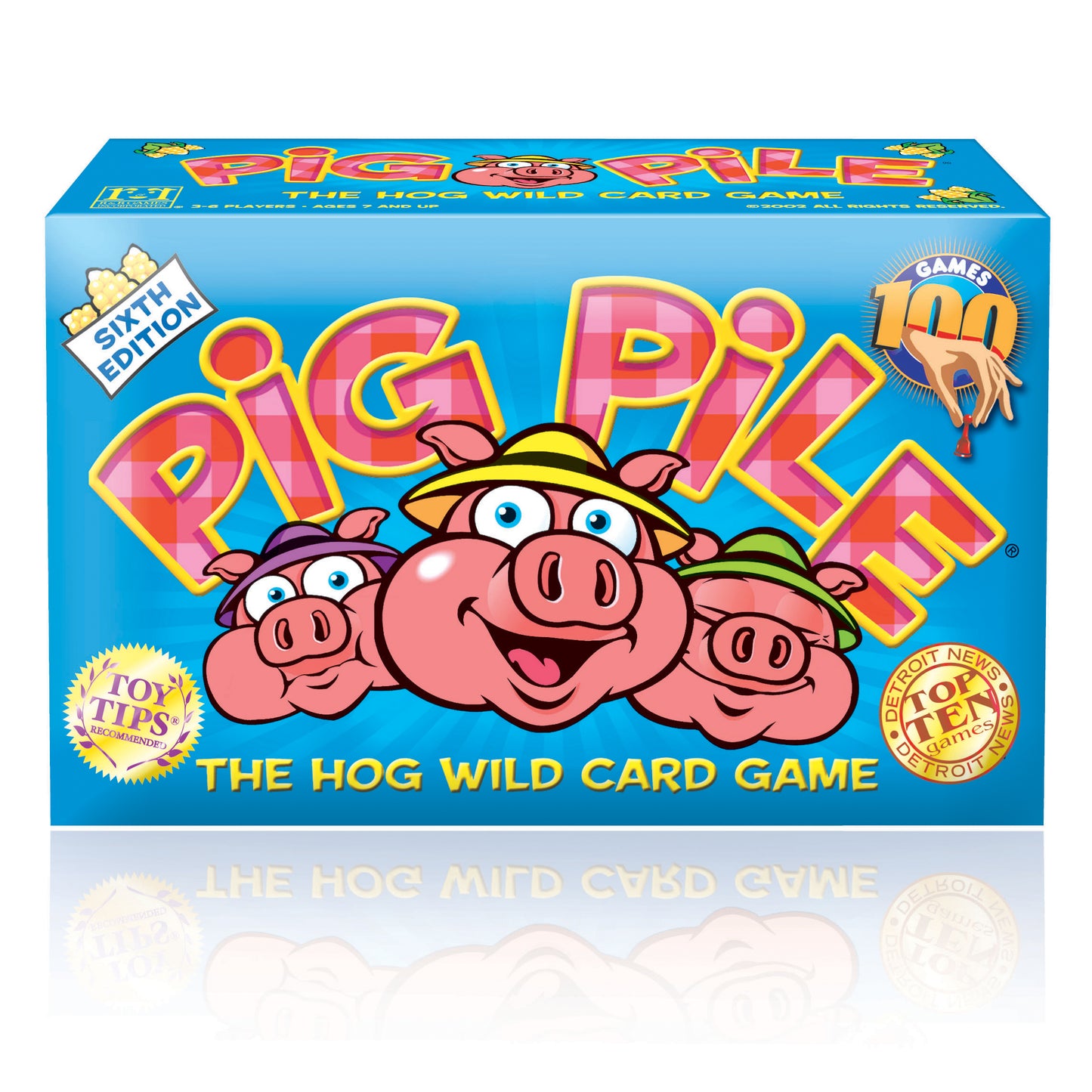 Pig Pile Sixth Edition card game box with pink cartoon pigs wearing hats and yellow "Pig Pile" text on blue background, labeled "The Hog Wild Card Game"