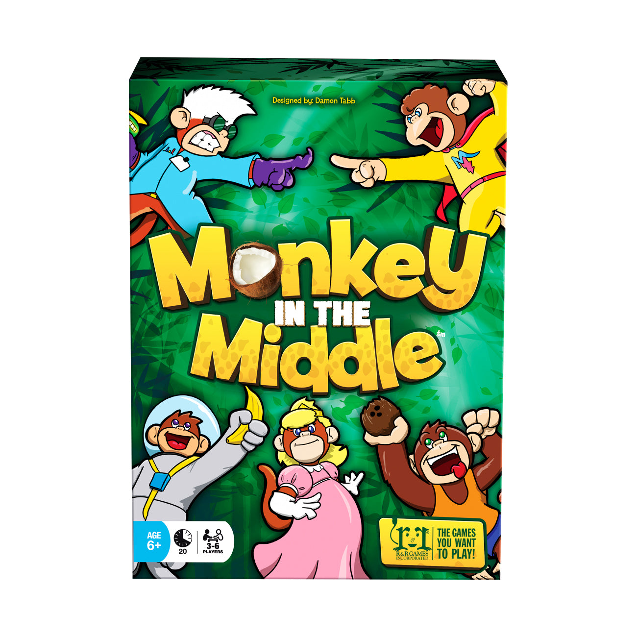 Monkey in the Middle board game box featuring cartoon monkeys on green jungle background, designed by Damon Tabb, for ages 6+