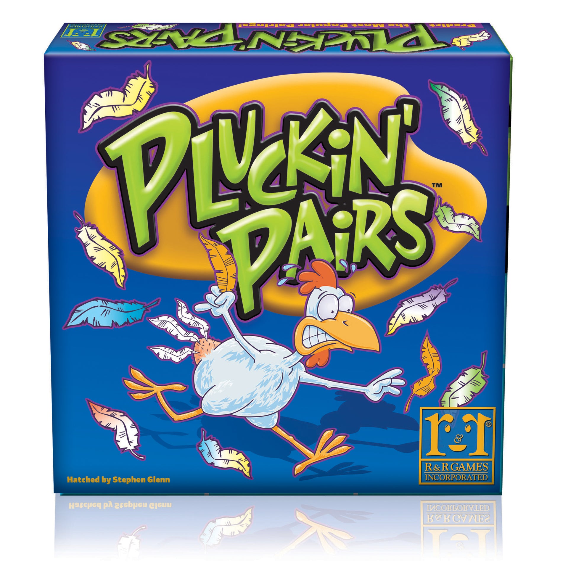 Pluckin' Pairs board game box featuring a cartoon chicken surrounded by feathers on blue and yellow background