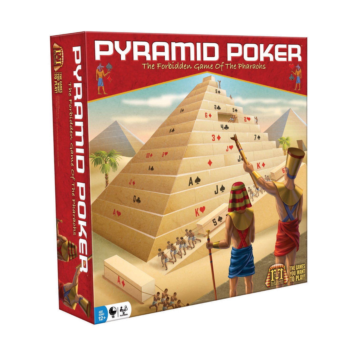Pyramid Poker board game box featuring an Egyptian pyramid with playing cards embedded in its levels, pharaohs, and workers on a desert landscape