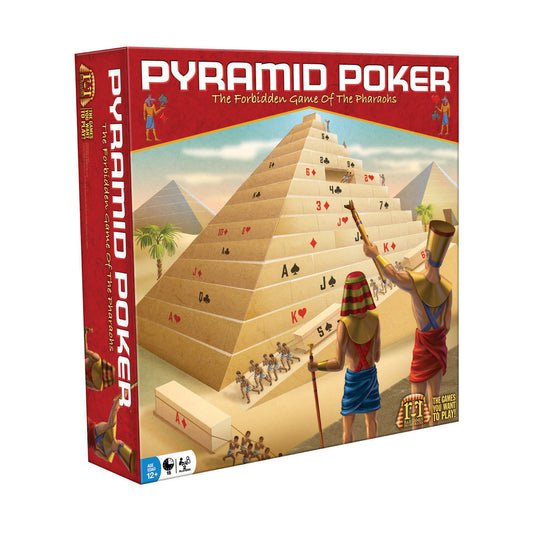 Pyramid Poker board game box featuring an Egyptian pyramid with playing cards embedded in its levels, pharaohs, and workers on a desert landscape