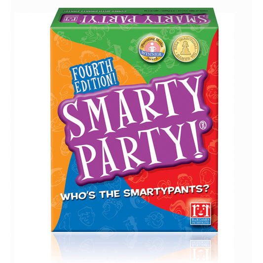 Smarty Party Fourth Edition board game box with purple logo on colorful background, tagline 'Who's the Smartypants?'
