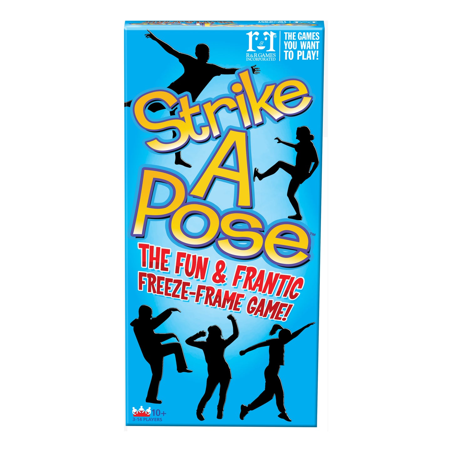 Strike A Pose board game box featuring silhouettes of people in dynamic poses on bright blue background with yellow and red text