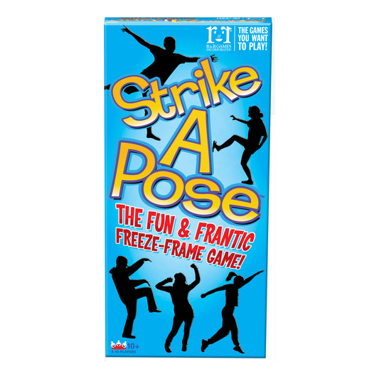 Strike A Pose board game box featuring silhouettes of people in dynamic poses on bright blue background with yellow and red text
