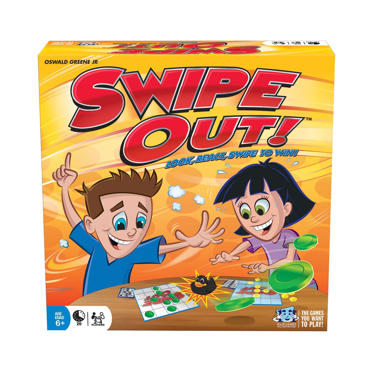 Swipe Out! board game box with two cartoon children playing, green discs flying, and game boards visible on a table
