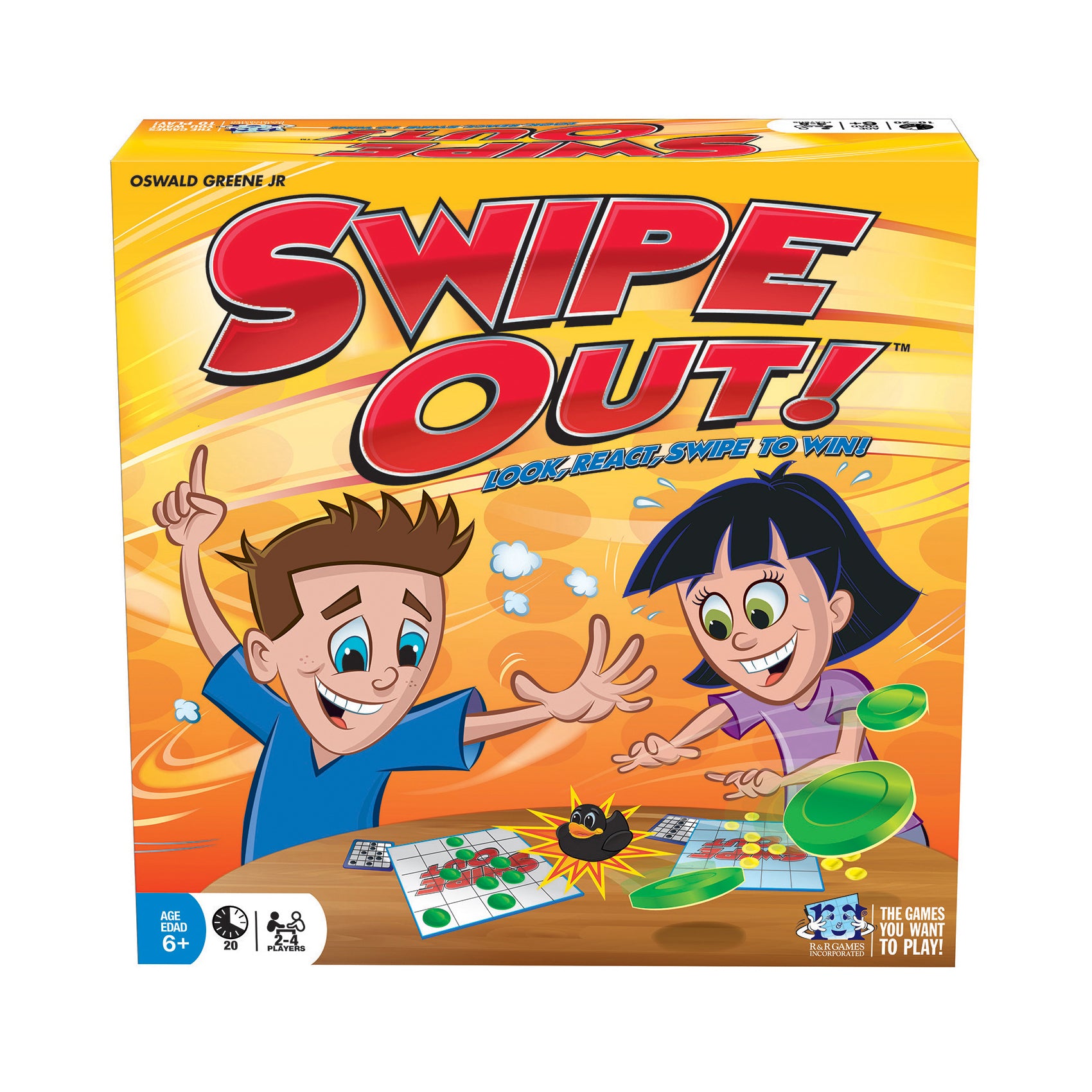Swipe Out! board game box with two cartoon children playing, green discs flying, and game boards visible on a table