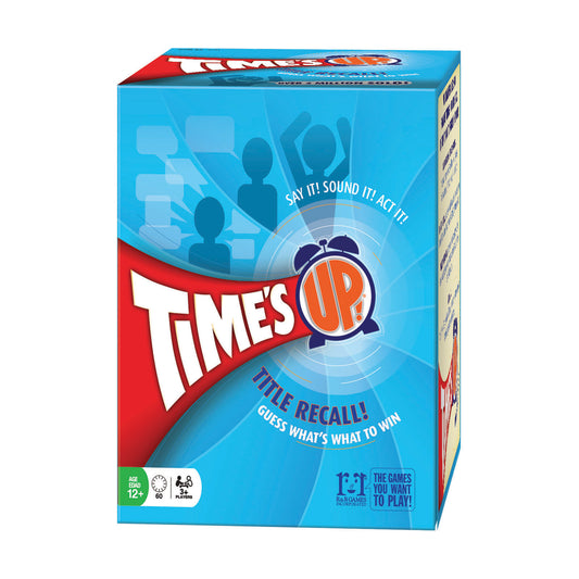 Time's Up! Title Recall Party Game Edition box featuring blue background with silhouettes of people, red logo banner, and text 'Say It! Sound It! Act It!' and '