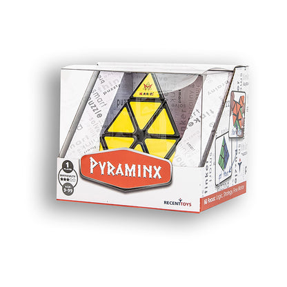 Meffert's Advanced Pyraminx 3D puzzle in yellow and black on retail packaging, displayed against plain background