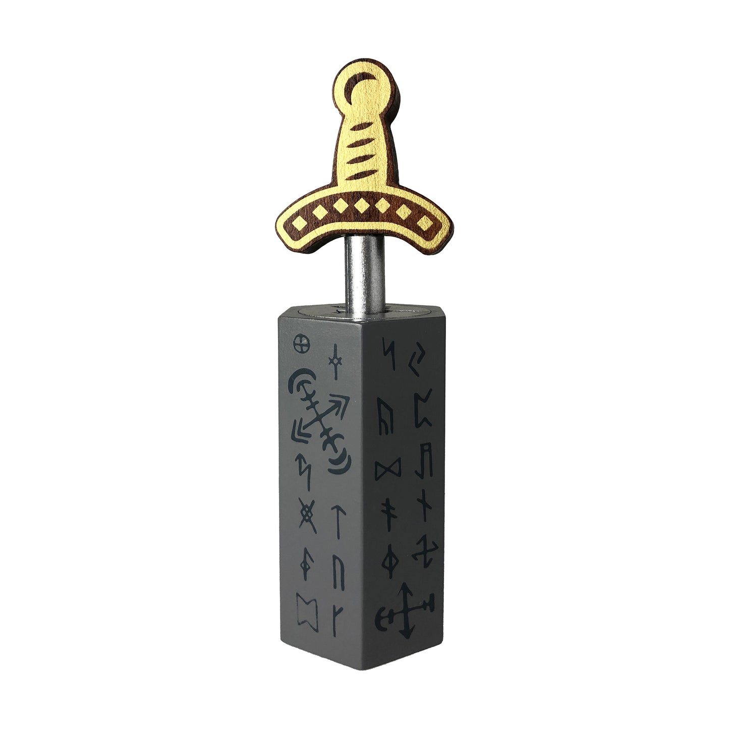 Wooden brainteaser puzzle featuring a gold sword with decorative hilt mounted on a black stone base carved with mystical symbols