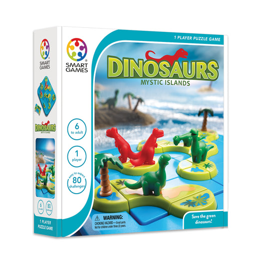 Smart Games Dinosaurs Mystic Islands puzzle game box showing colorful dinosaur pieces on island-shaped tiles with beach backdrop