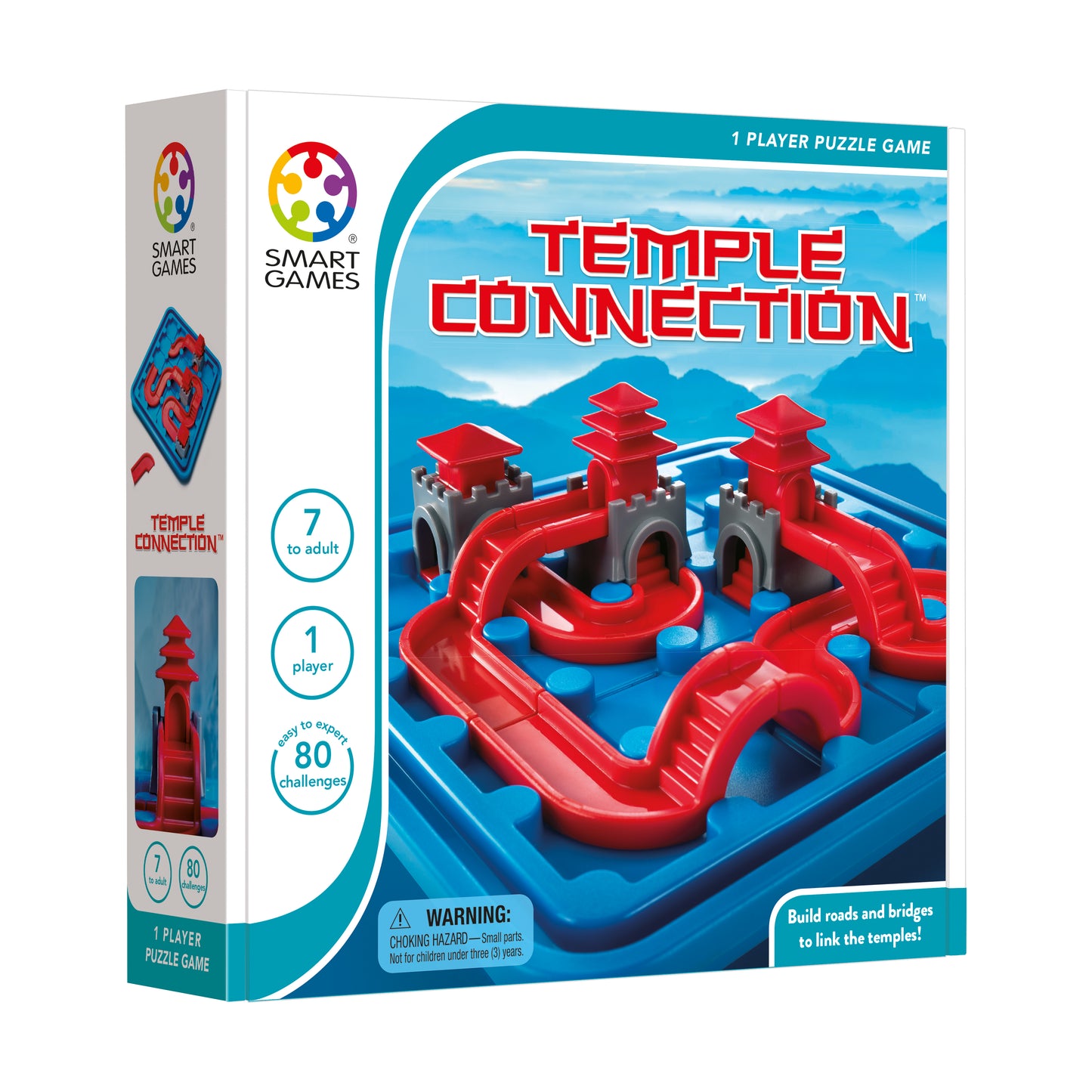 Smart Games Temple Connection puzzle game box showing red temple structures and blue game board with mountain background