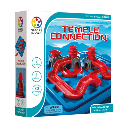 Smart Games Temple Connection puzzle game box showing red temple structures and blue game board with mountain background