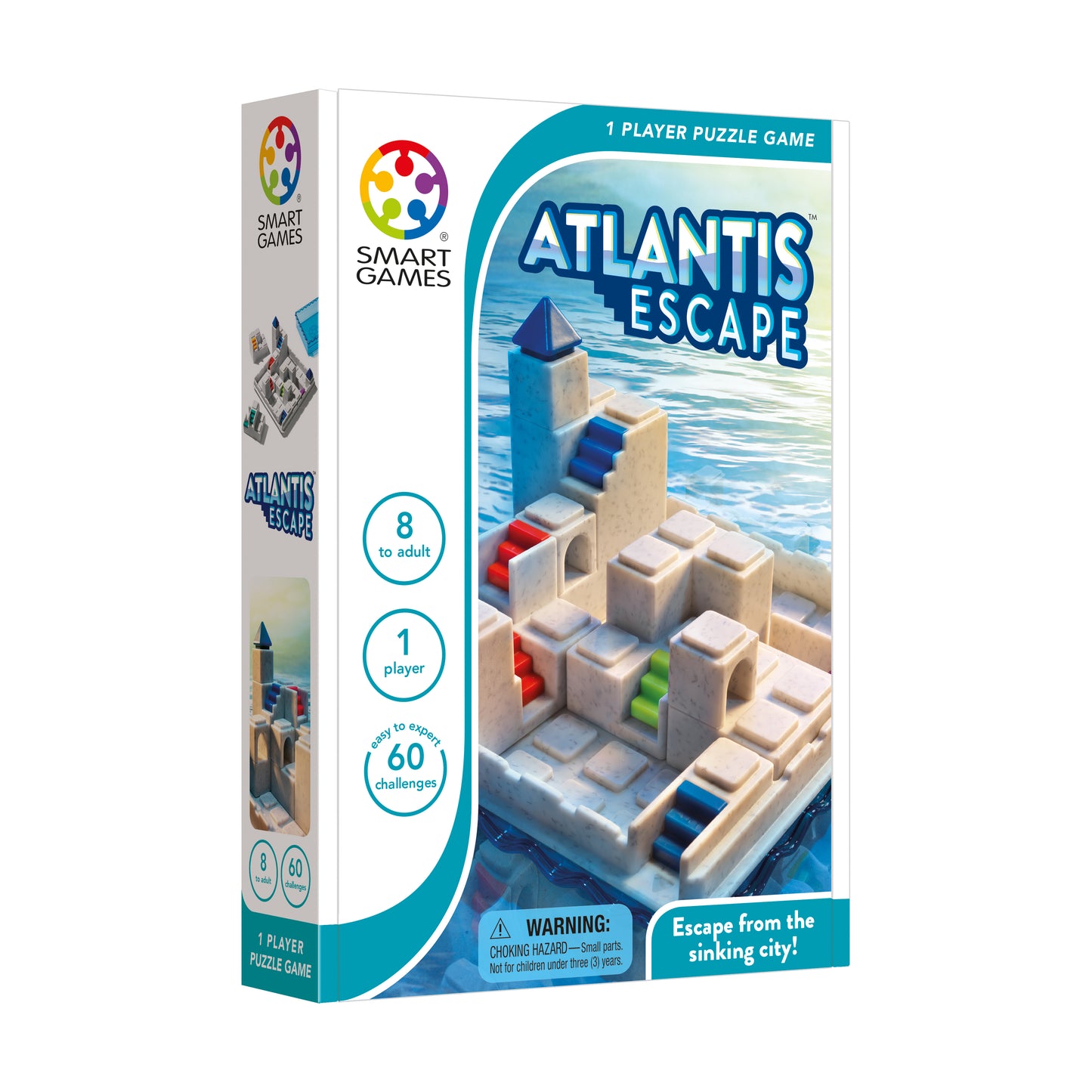 Smart Games Atlantis Escape 1 player puzzle game box showing 3D stone maze with colored balls and tower on ocean background
