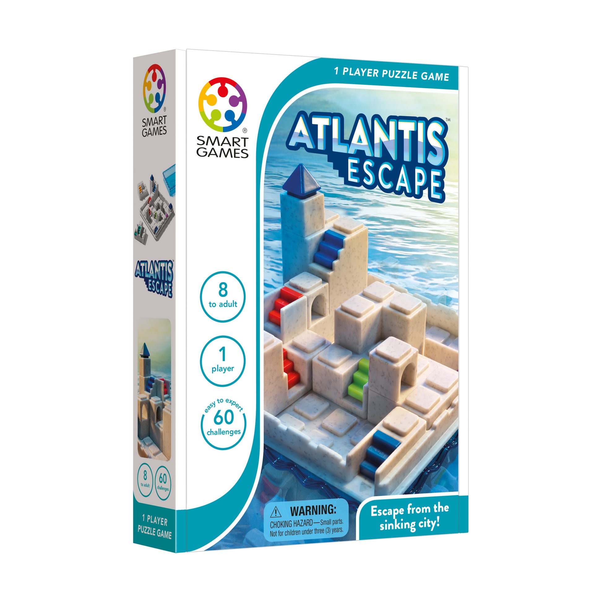 Smart Games Atlantis Escape 1 player puzzle game box showing 3D stone maze with colored balls and tower on ocean background