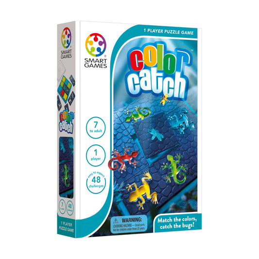 SmartGames Color Catch puzzle game box showing colorful lizard pieces on blue hexagonal board with 48 challenges, 1 player, ages 7 to adult