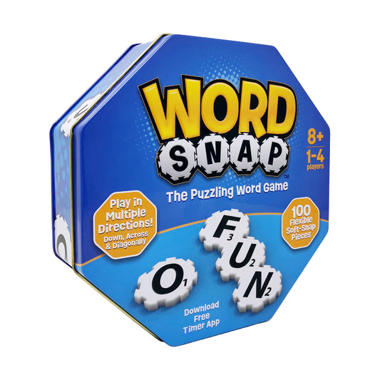 Word Snap board game box, blue hexagonal packaging with yellow title text, showing letter tiles and game details for ages 8+, 1-4 players