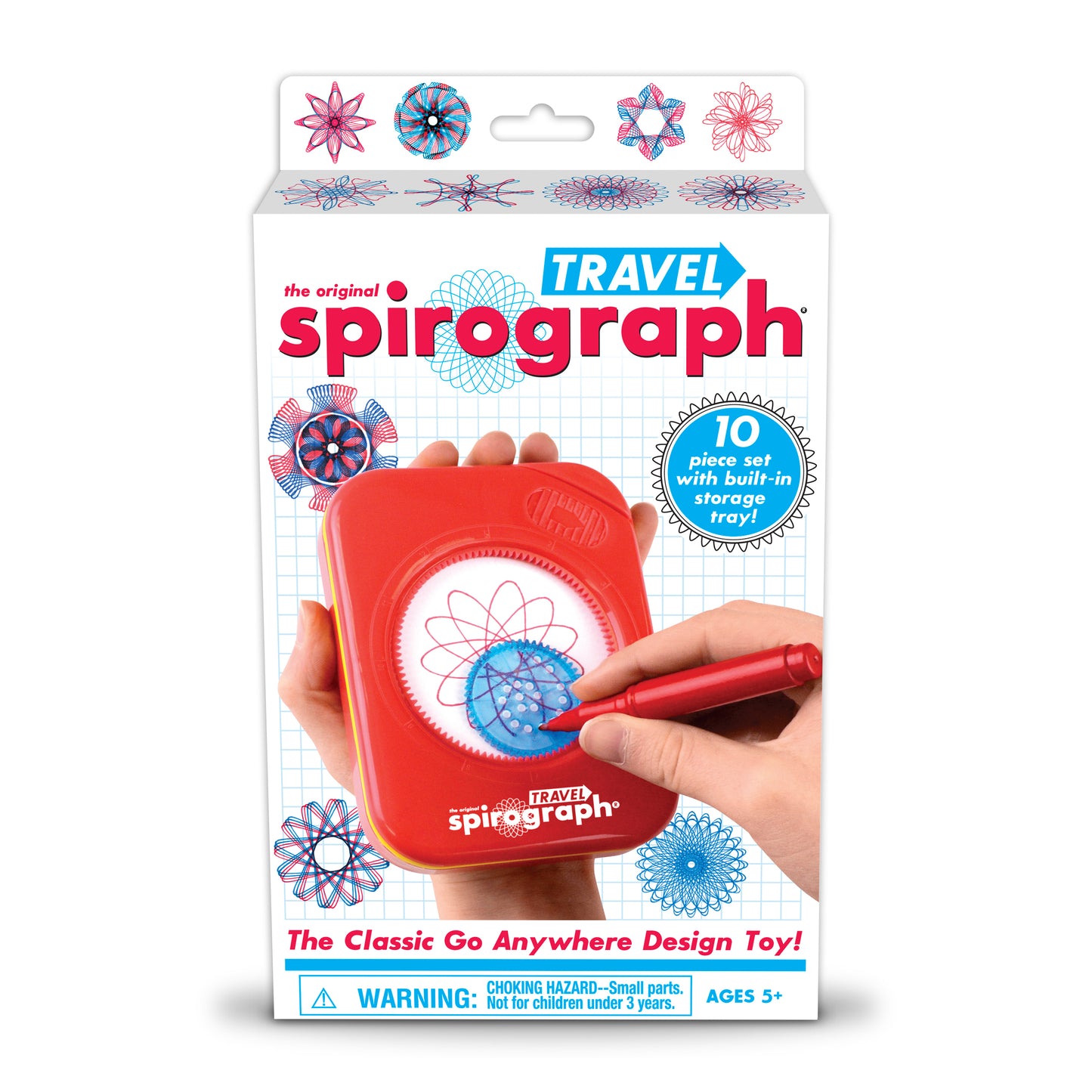 Travel Spirograph red portable design toy with 10-piece set and storage tray