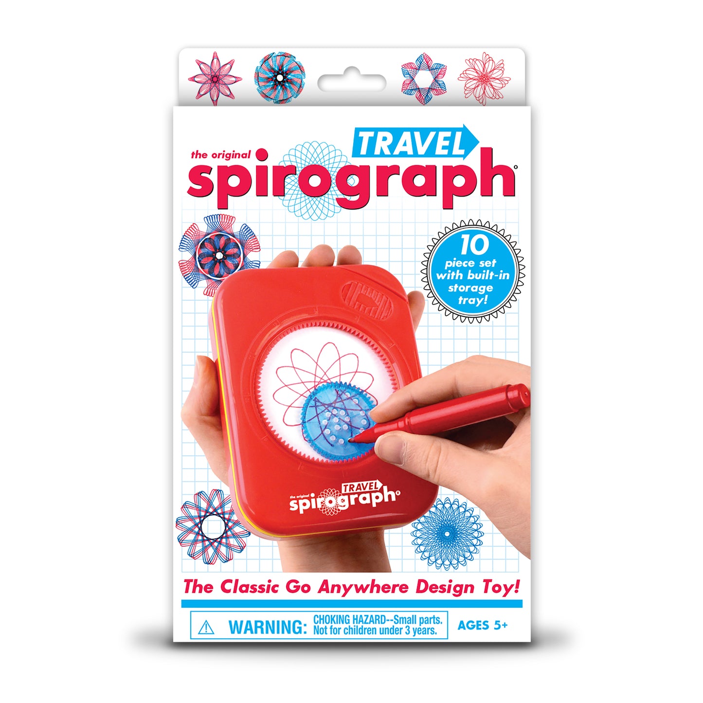 Travel Spirograph 10-piece set in red with blue and pink design wheels