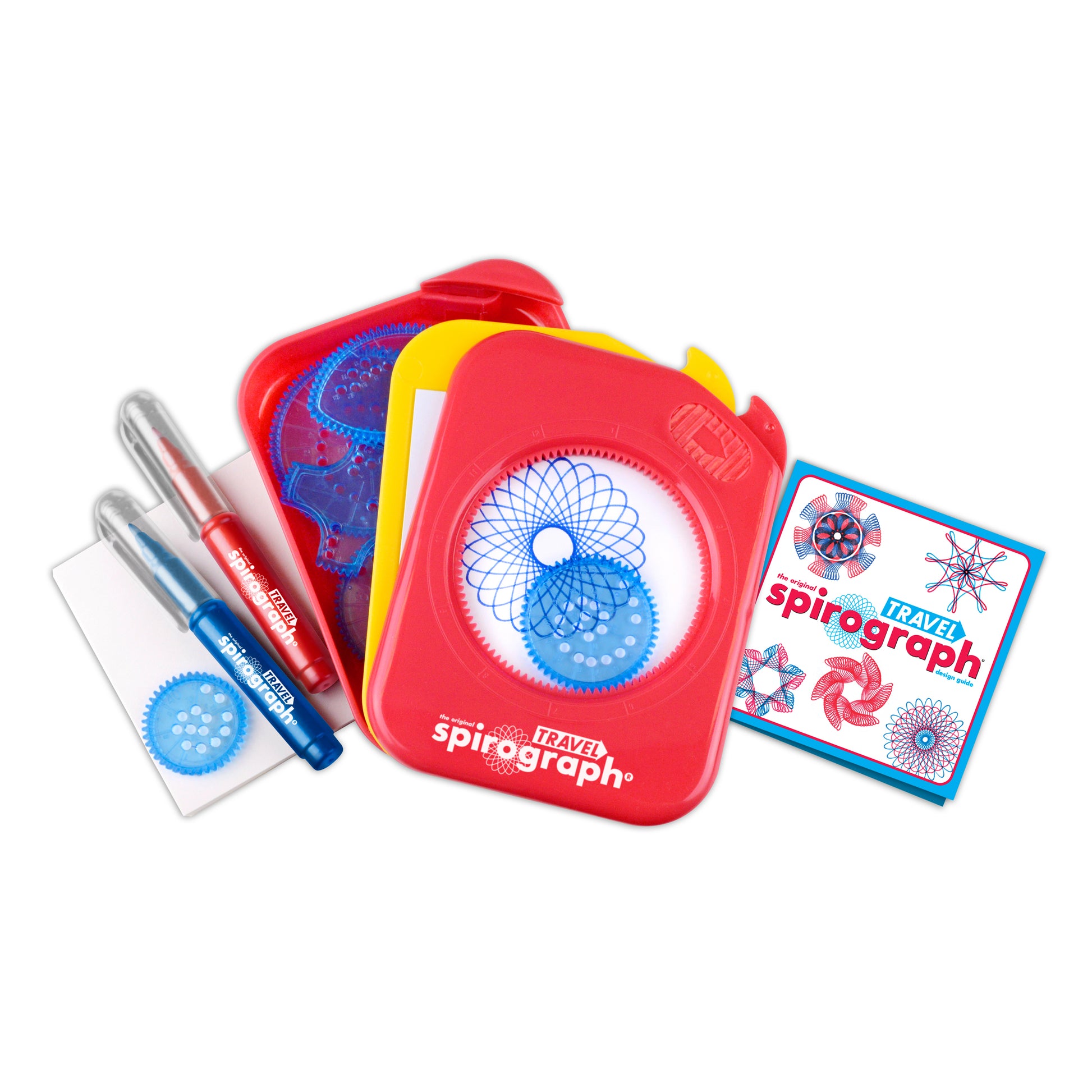 Travel Spirograph set with red case, design wheels, markers, and instruction booklet