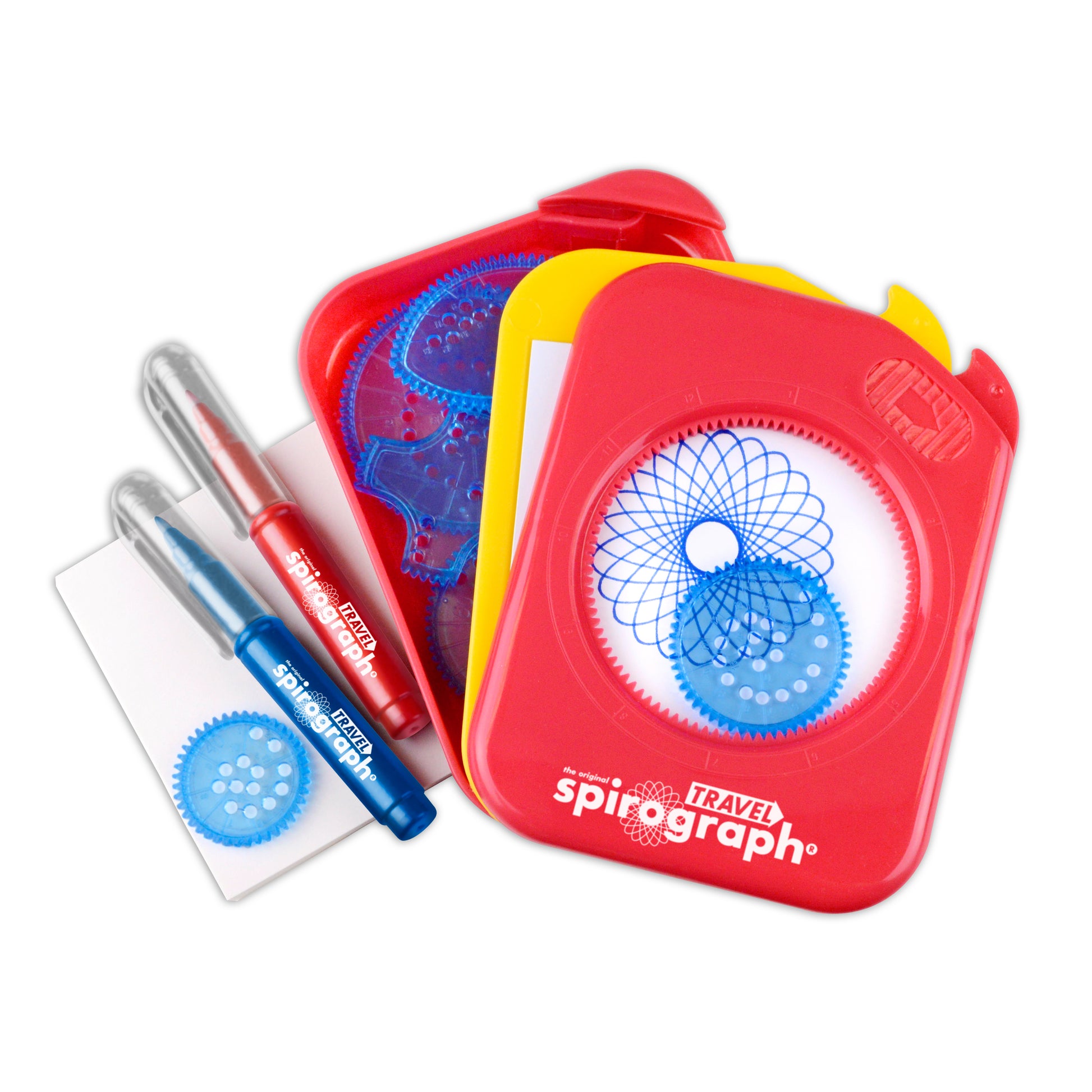 Travel Spirograph red case with blue and red pens for creative drawing