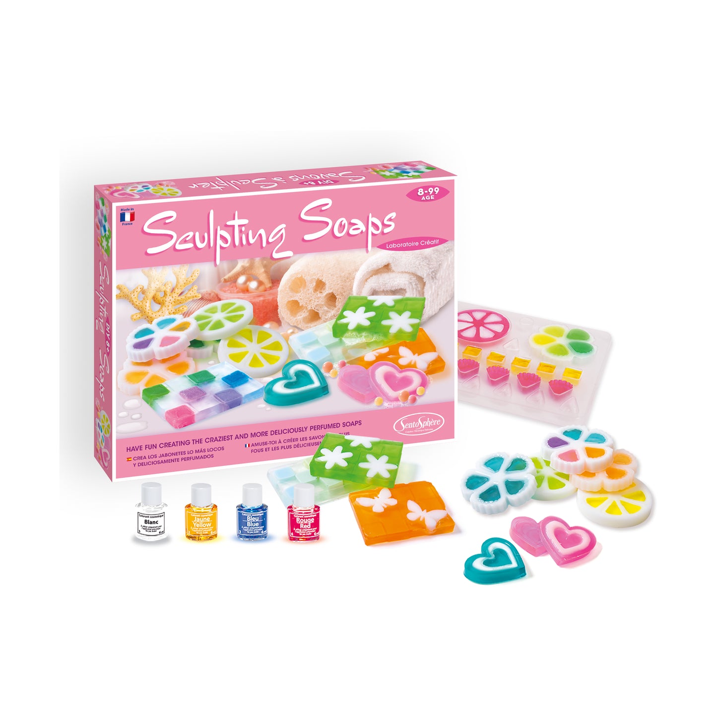Sculpting Soaps Creative Kit box with colorful soap molds, decorative soaps shaped like flowers and hearts, paint bottles, and craft supplies displayed