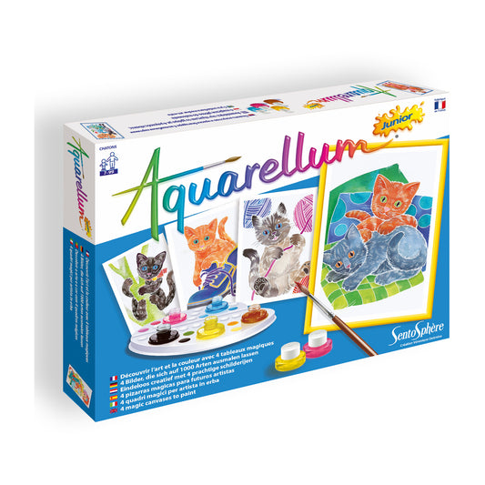 Aquarellum Junior watercolor painting kit box showing magic canvas with cat illustrations, paintbrush, palette with colorful paints, and completed cat artwork e