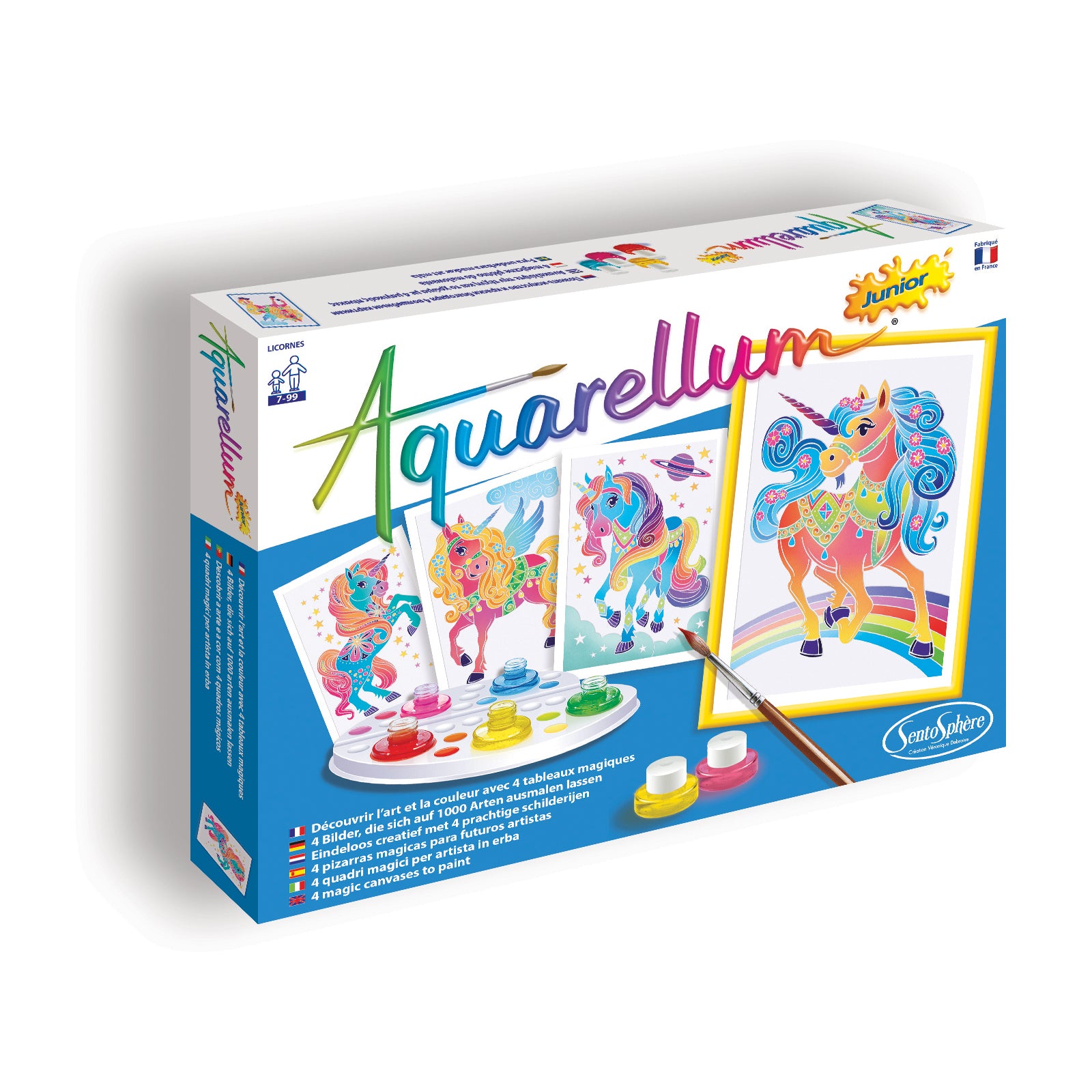 Aquarellum Junior Unicorn Watercolor Painting Set box showing colorful unicorn designs, paint palette, and brush included