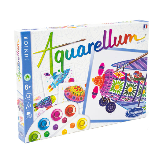 Aquarellum Junior In the Air watercolor craft kit box showing colorful painted aircraft designs, paint palette with multiple colors, brush, and sample artwork c