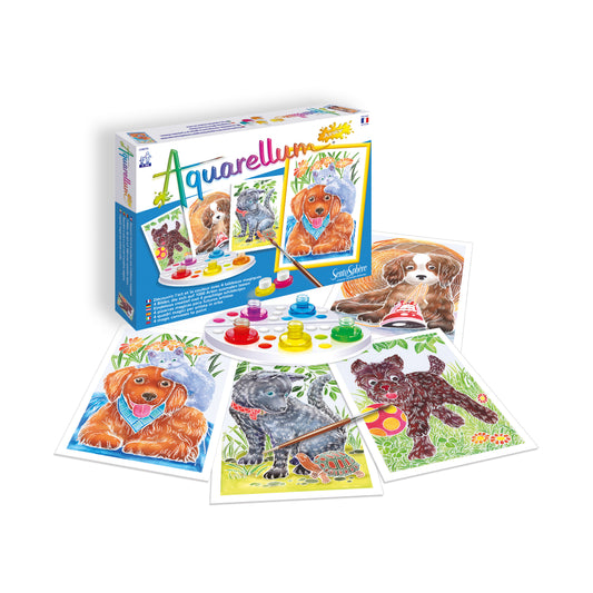 Aquarellum Junior Sweet Dogs watercolor painting kit with box, palette of colorful paints, paintbrush, and illustrated cards featuring dogs and animals to paint