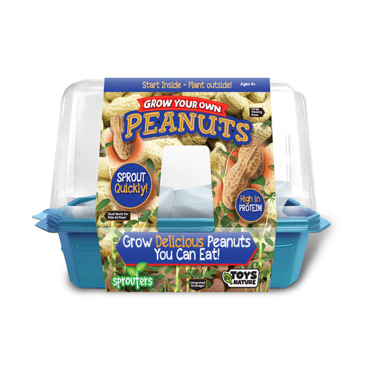 Grow Your Own Peanuts kit with turquoise plastic greenhouse base and seed packet showing peanut plants and text "Start Inside - Plant outside!"