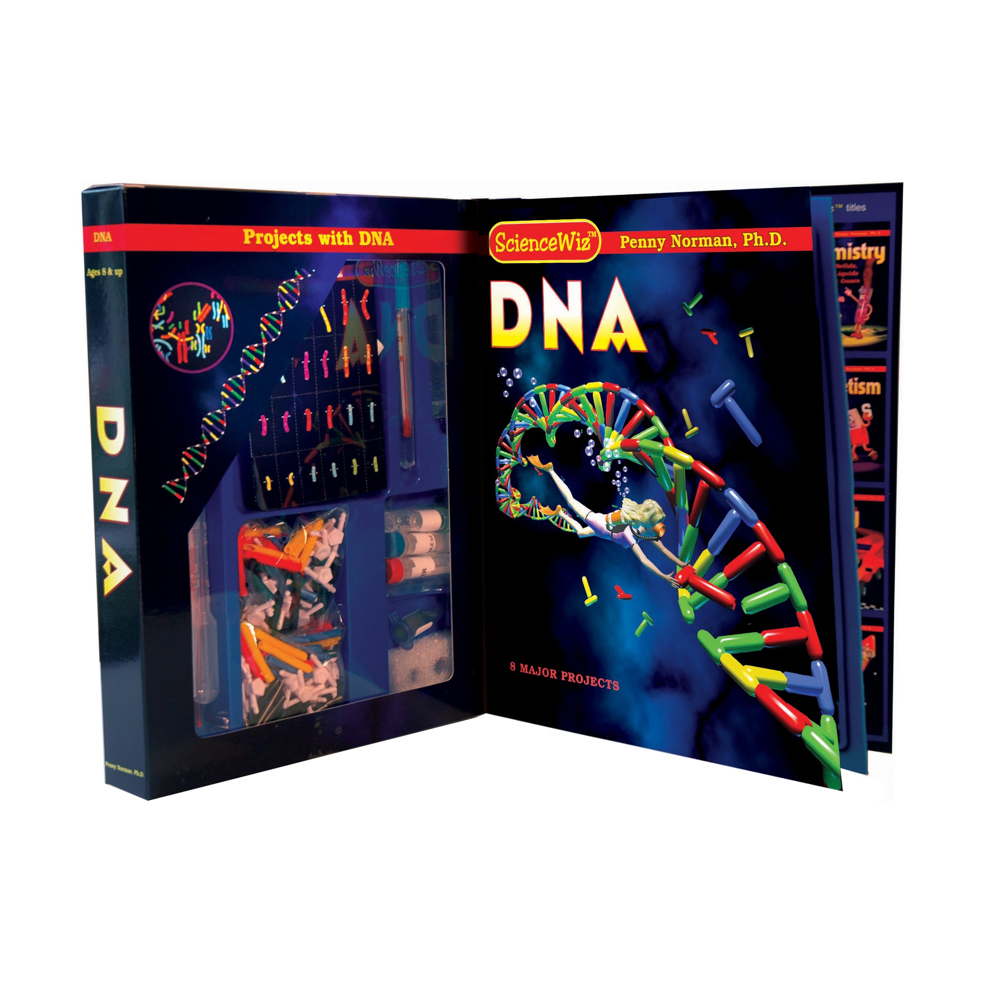 ScienceWiz DNA Exploration Kit box opened to show colorful DNA model, molecular components, instruction booklet, and educational materials by Penny Norman, Ph.D