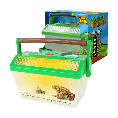 Nature Bound Bug Catcher Critter Barn Habitat with green carrying handle, clear container with measurement scale, mesh panels, and built-in light, shown with st