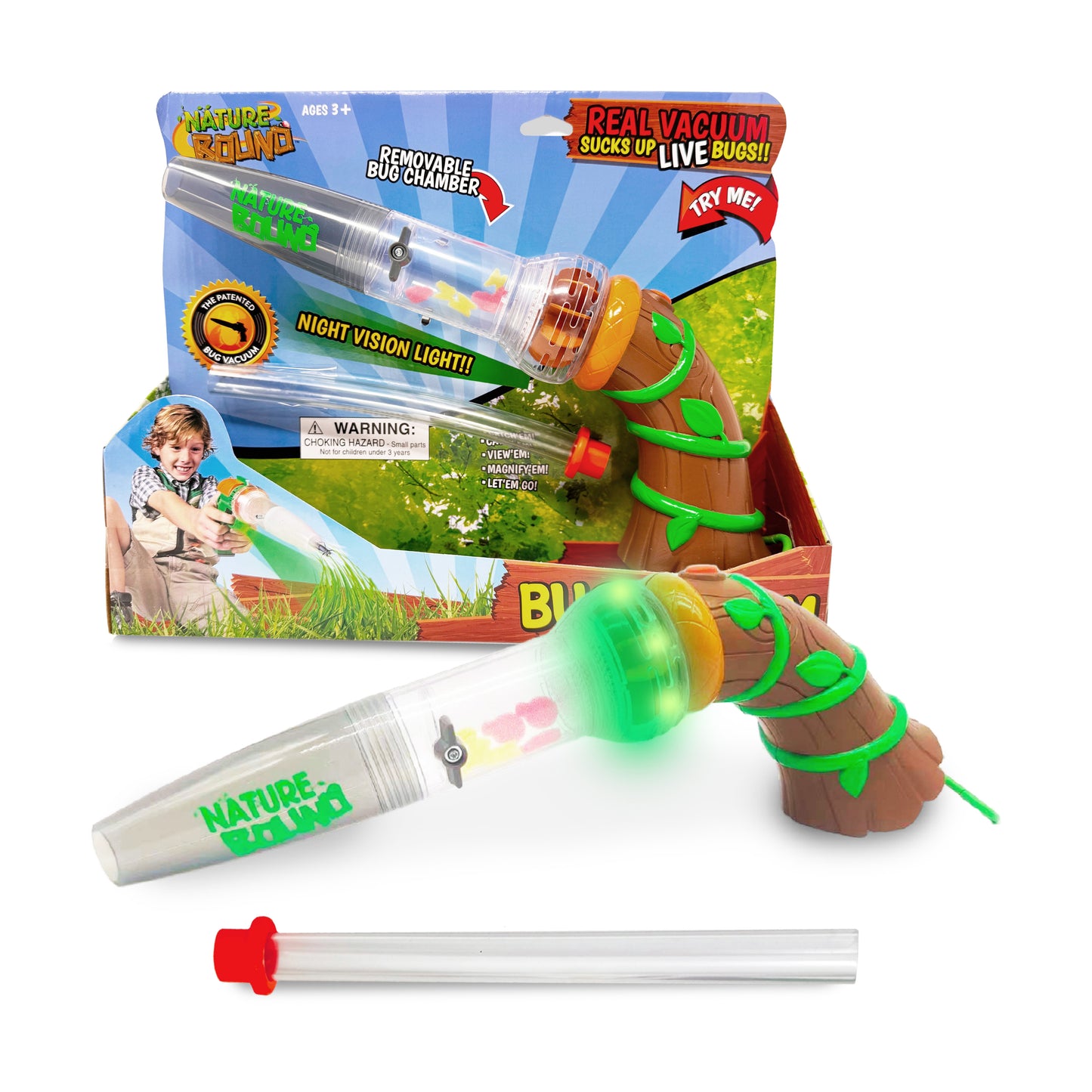 Nature Bound Bug Vacuum Explorer Kit with handheld vacuum, removable bug chamber, night vision light, and tree-shaped bug habitat on display with packaging