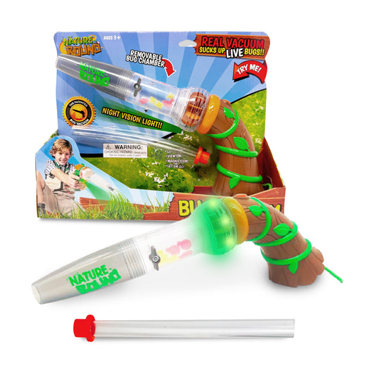 Nature Bound Bug Vacuum Explorer Kit with handheld vacuum, removable bug chamber, night vision light, and tree-shaped bug habitat on display with packaging