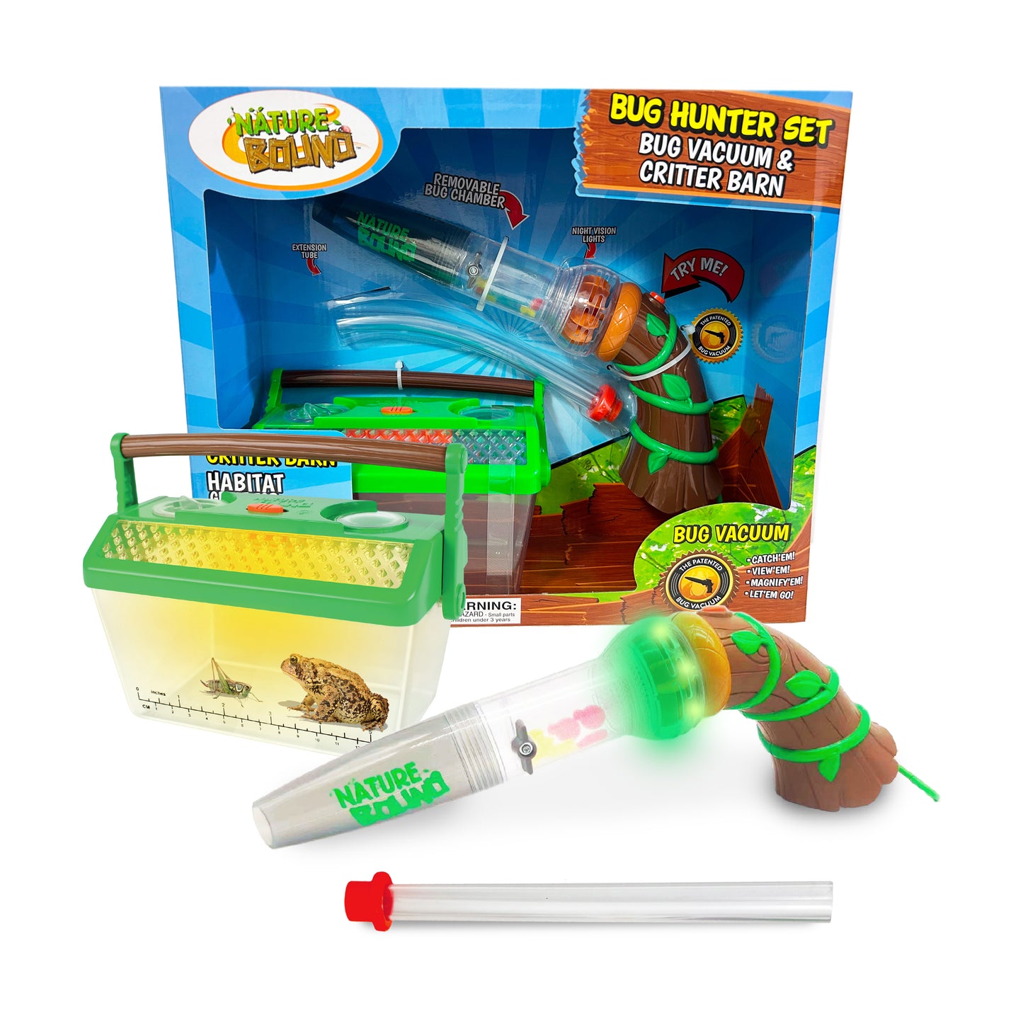 Nature Bound Bug Hunter Set including green critter barn habitat container, bug vacuum with night-vision lights and removable bug chamber, and collection tube w