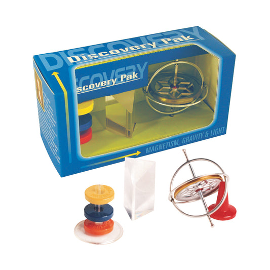 Discovery Pak box with magnetism, gravity and light experiments including a gyroscope, stacked magnetic discs, prism, and spinning top toy displayed