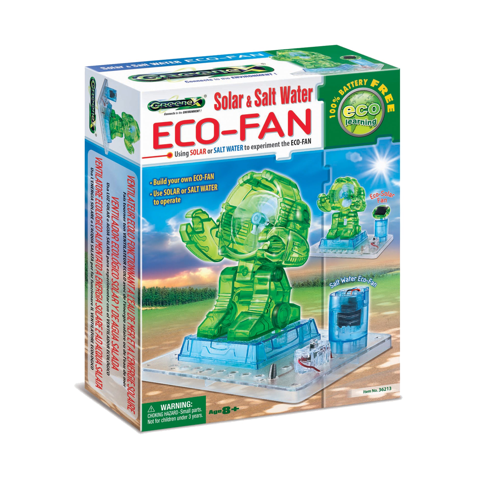 Solar & Salt Water Eco-Fan kit box showing green transparent fan robot on blue base with salt water container and solar panel operation modes