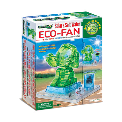 Solar & Salt Water Eco-Fan kit box showing green transparent fan robot on blue base with salt water container and solar panel operation modes